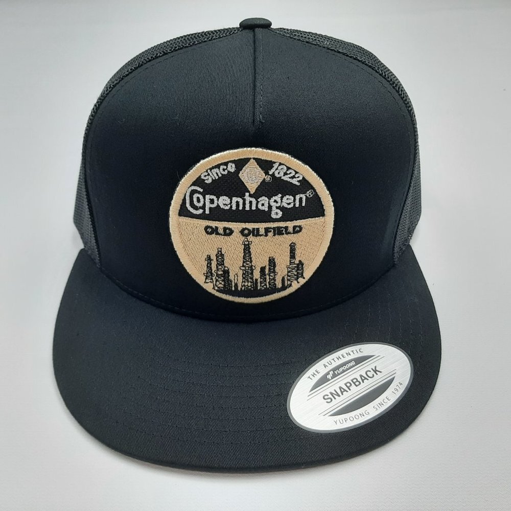 Copenhagen Old Oilfield Flat Bill Mesh Snapback Hat Cap Black Embroidered Patch